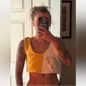 Handmade upcycled custom lined linen cat teatowel yellow white embroidercrop top